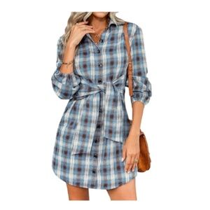 Women's Long Sleeve Lapel Tie Waist Plaid Shirt Dress